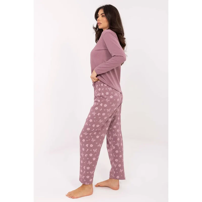 pyjama femme ensemble deux pièces coton pur manches longues col rond papillon inscription pantalon taille élastique imprimés fleurs romantique confortable