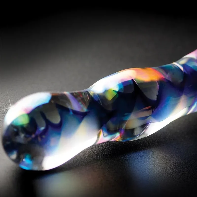 Masseur en verre soufflé élégant, design ondulé, hypoallergénique, durable, sextoy, plaisir intime, couple, bien-être, stimulation érogène, hygiénique, sensation chaude/froide, couleur iridescente, discret, durable