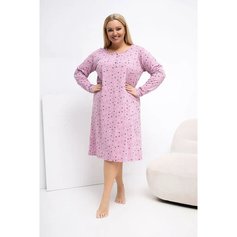 Chemise de nuit grande taille coton pois manches longues élégante confortable