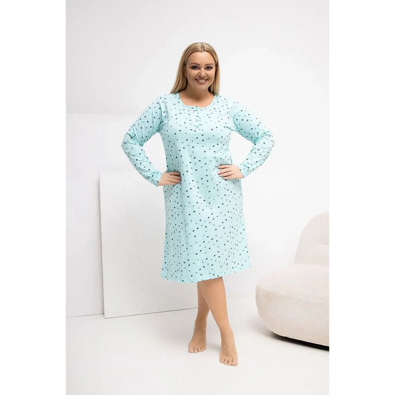 Chemise de nuit grande taille pois coton manches longues élégante féminine