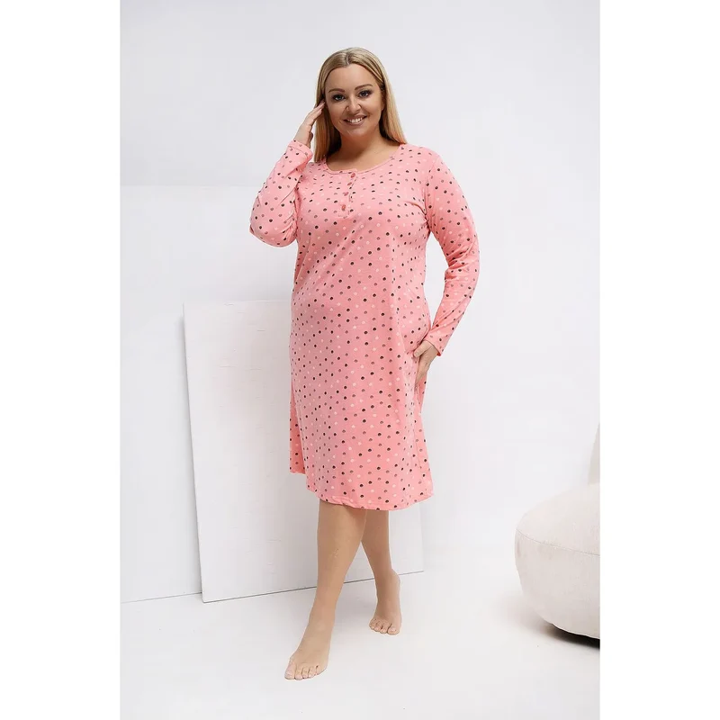 Chemise de nuit grande taille coton pois élégante manches longues confort
