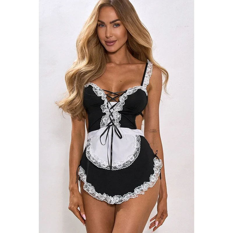 Costume érotique femme de chambre dentelle élastique soirée chic cosplay