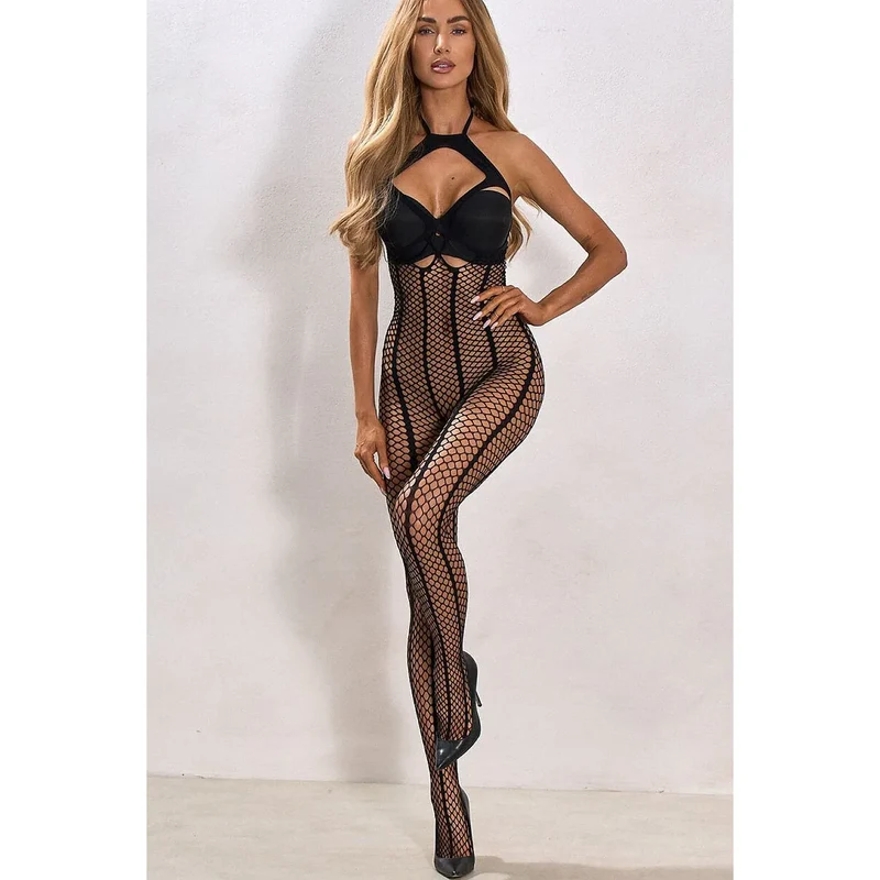 Body femme noir audacieux maille élastique décolleté ouvert soirée sexy