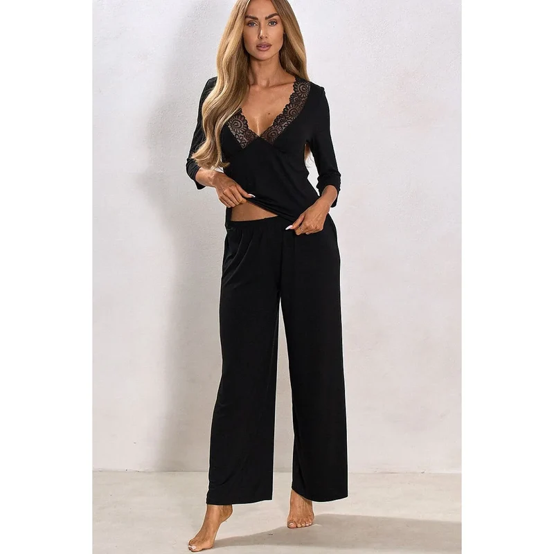Pyjama femme noir dentelle décolleté V manches 3/4 doux élégant