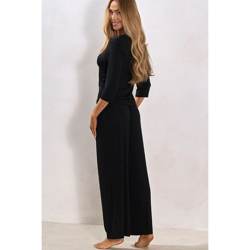 Pyjama femme noir dentelle décolleté V manches 3/4 doux élégant