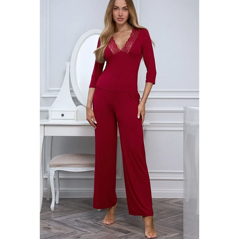 Pyjama femme bordeaux dentelle confort luxe manches 3/4 Pure Sin