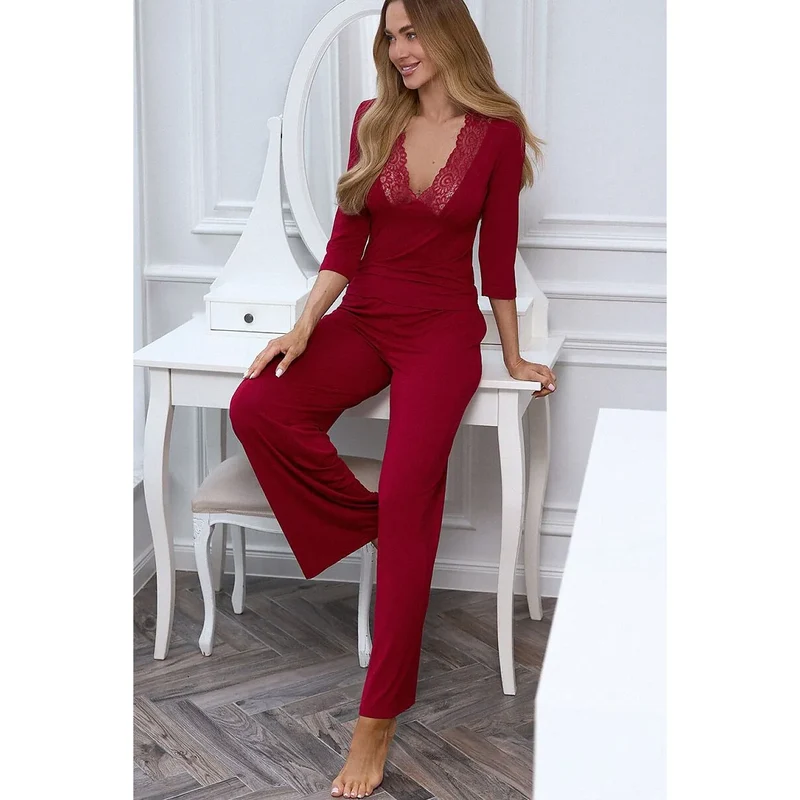 Pyjama femme bordeaux dentelle confort luxe manches 3/4 Pure Sin