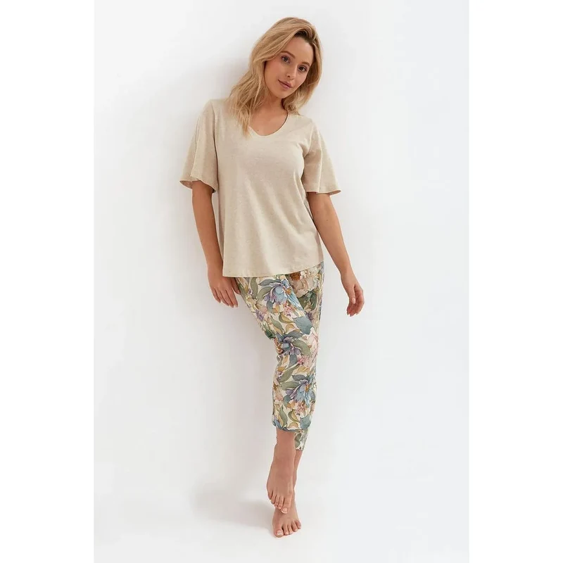 Pyjama femme deux pièces viscose lin coton manches courtes encolure V