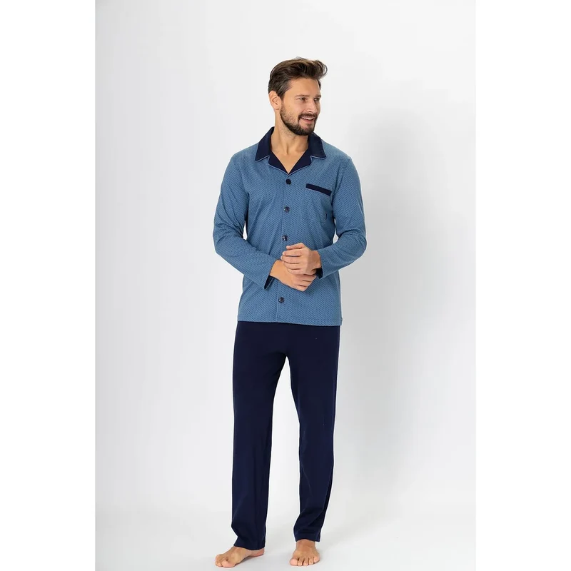 Pyjama homme classique élégant coton boutons satin motif fin