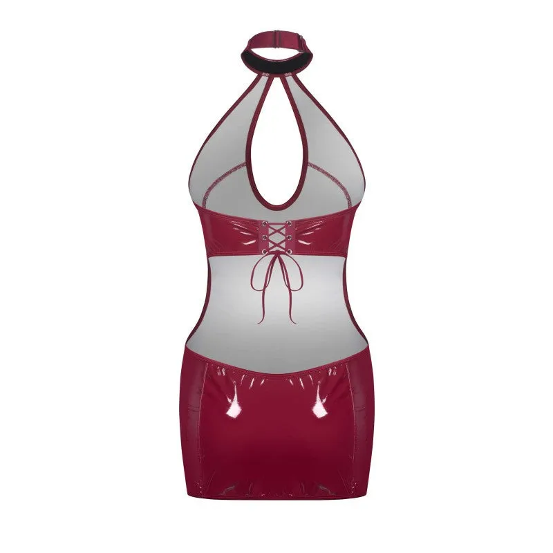 Robe rouge glossy décolleté ajustable tissu brillant séduisante