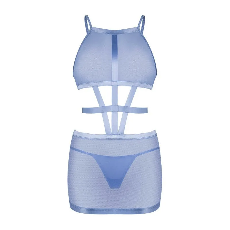 Robe string bleu Shaderi filet transparent ceinture réglable haute qualité