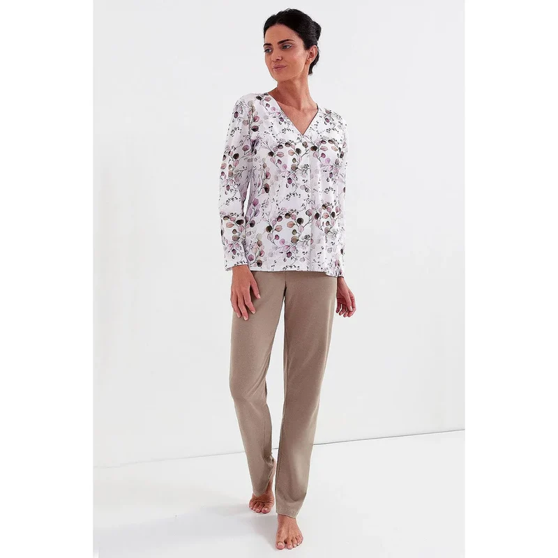 Pyjama Cana 189064 en jersey coton motif botanique violet vert femmes loungewear confortable nuit élégance domicile