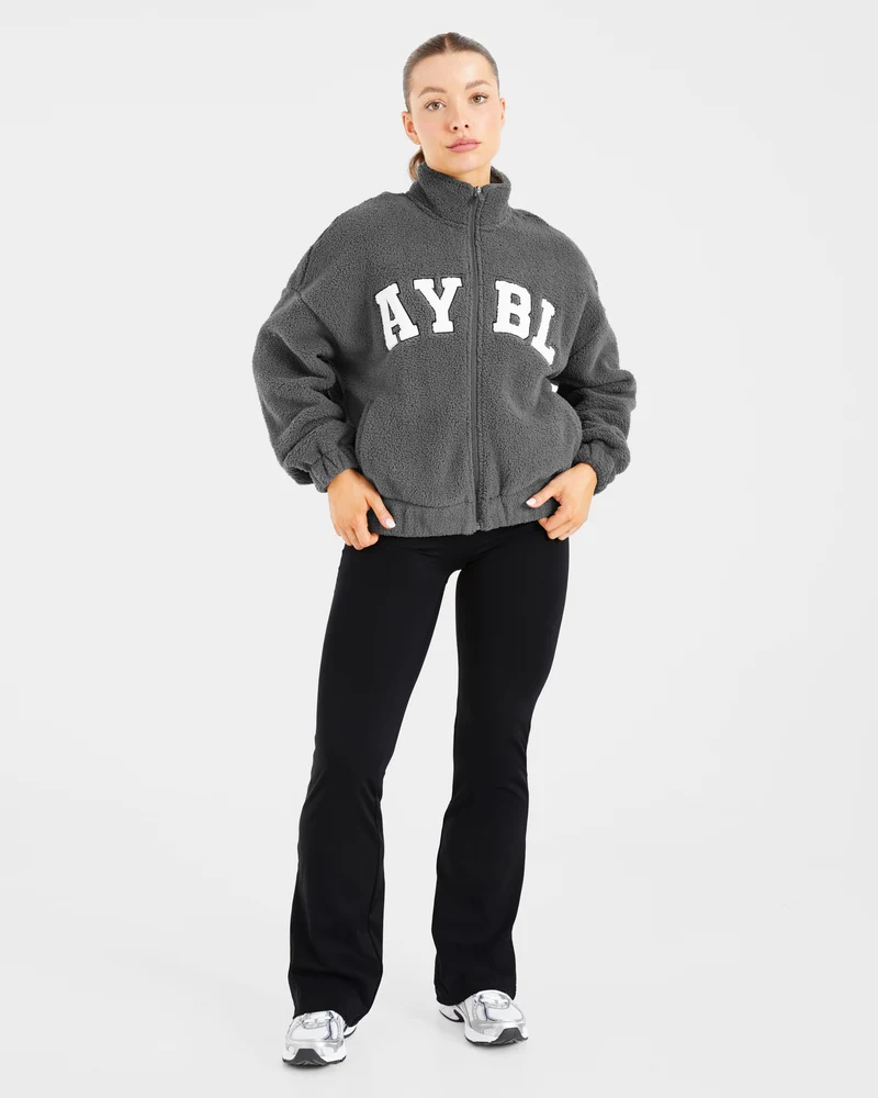 Varsity Oversized Fleece Zip Up Jacket - Charcoal