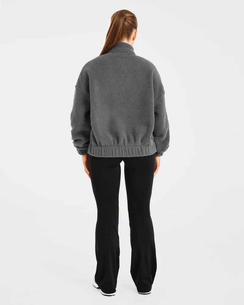 Varsity Oversized Fleece Zip Up Jacket - Charcoal