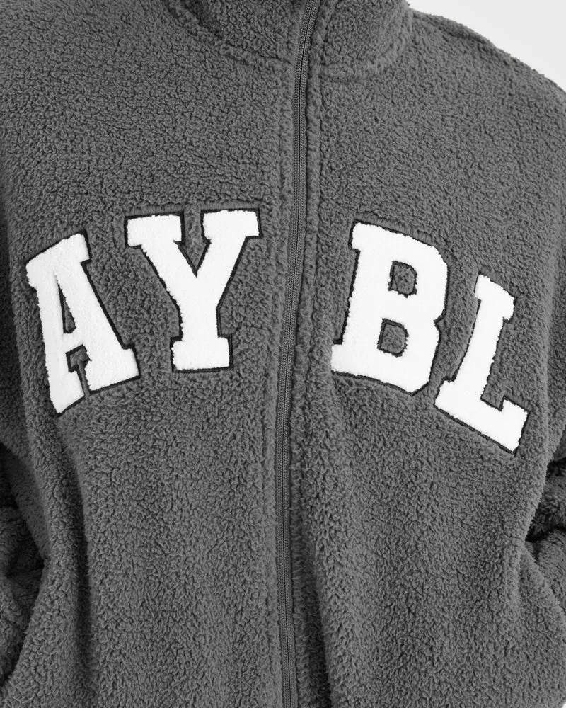 Varsity Oversized Fleece Zip Up Jacket - Charcoal