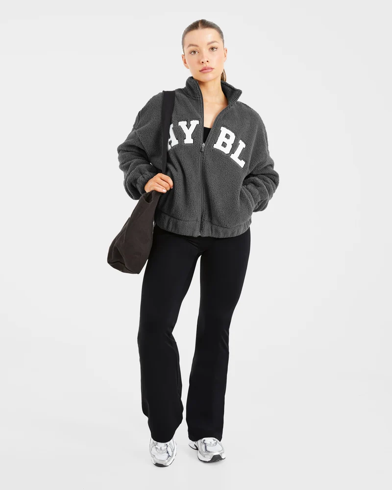 Varsity Oversized Fleece Zip Up Jacket - Charcoal
