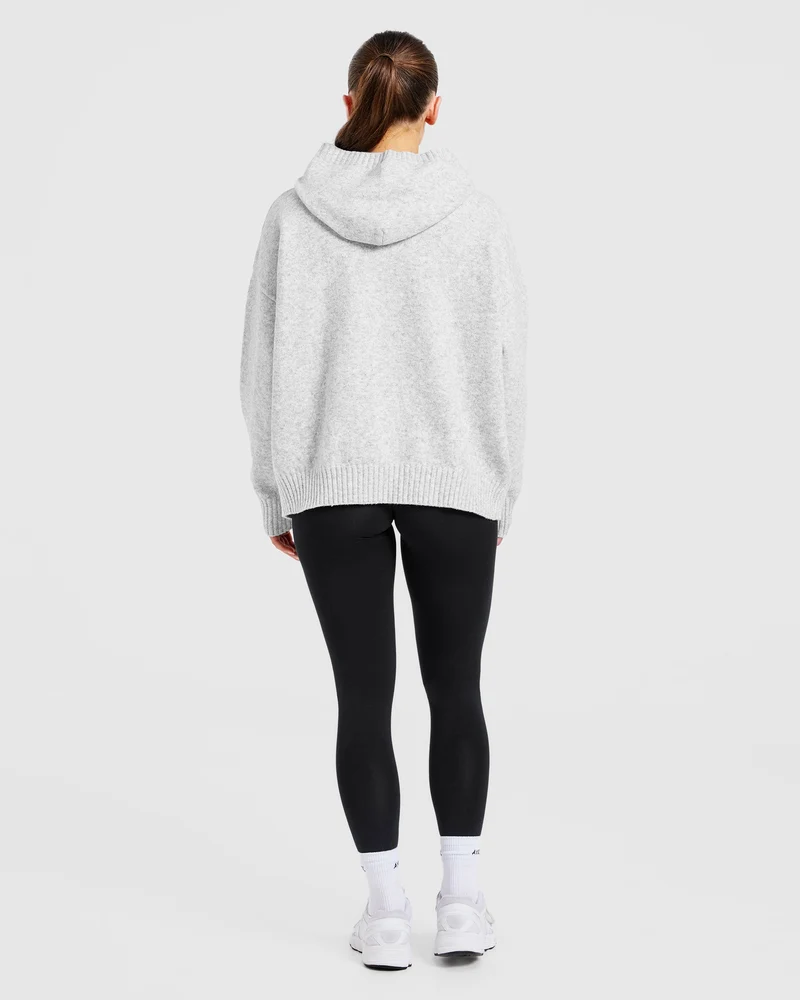 Varsity Oversized Knitted Hoodie - Grey Marl
