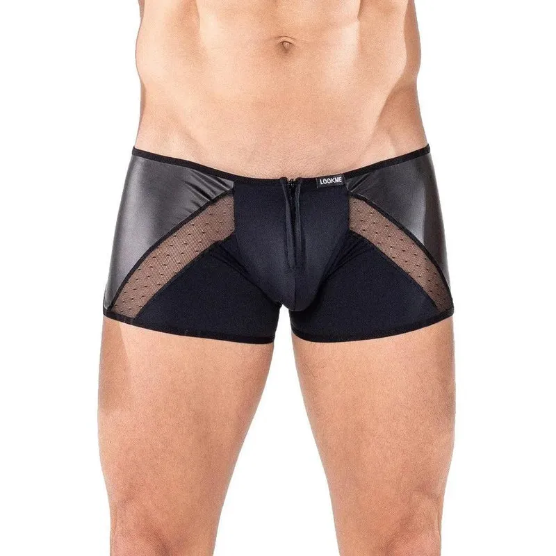 mini boxer homme noir simili cuir résille pois fermeture avant arrière sécurisé extensible polyamide élasthanne confortable design sexy