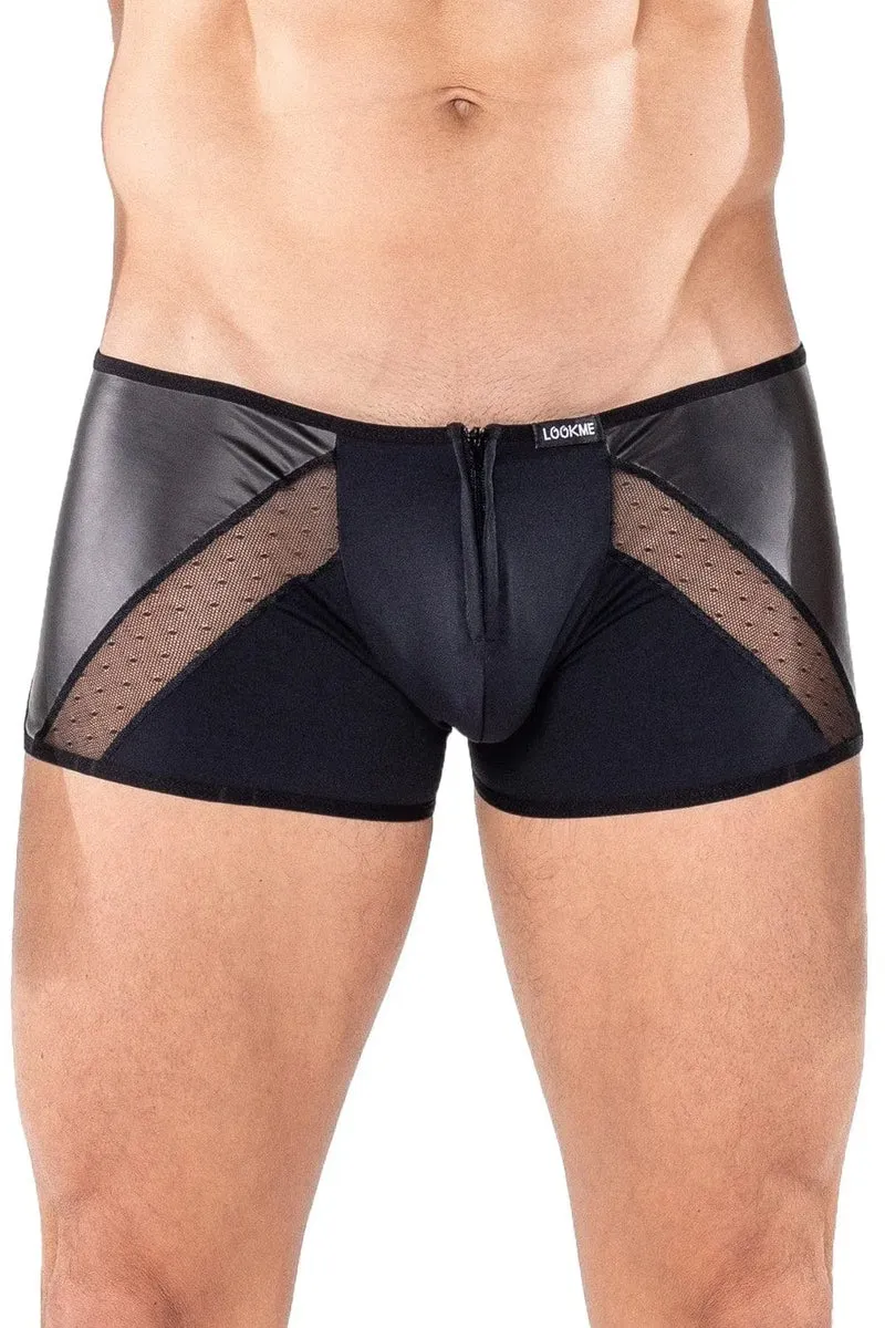 mini boxer homme noir simili cuir résille pois fermeture avant arrière sécurisé extensible polyamide élasthanne confortable design sexy