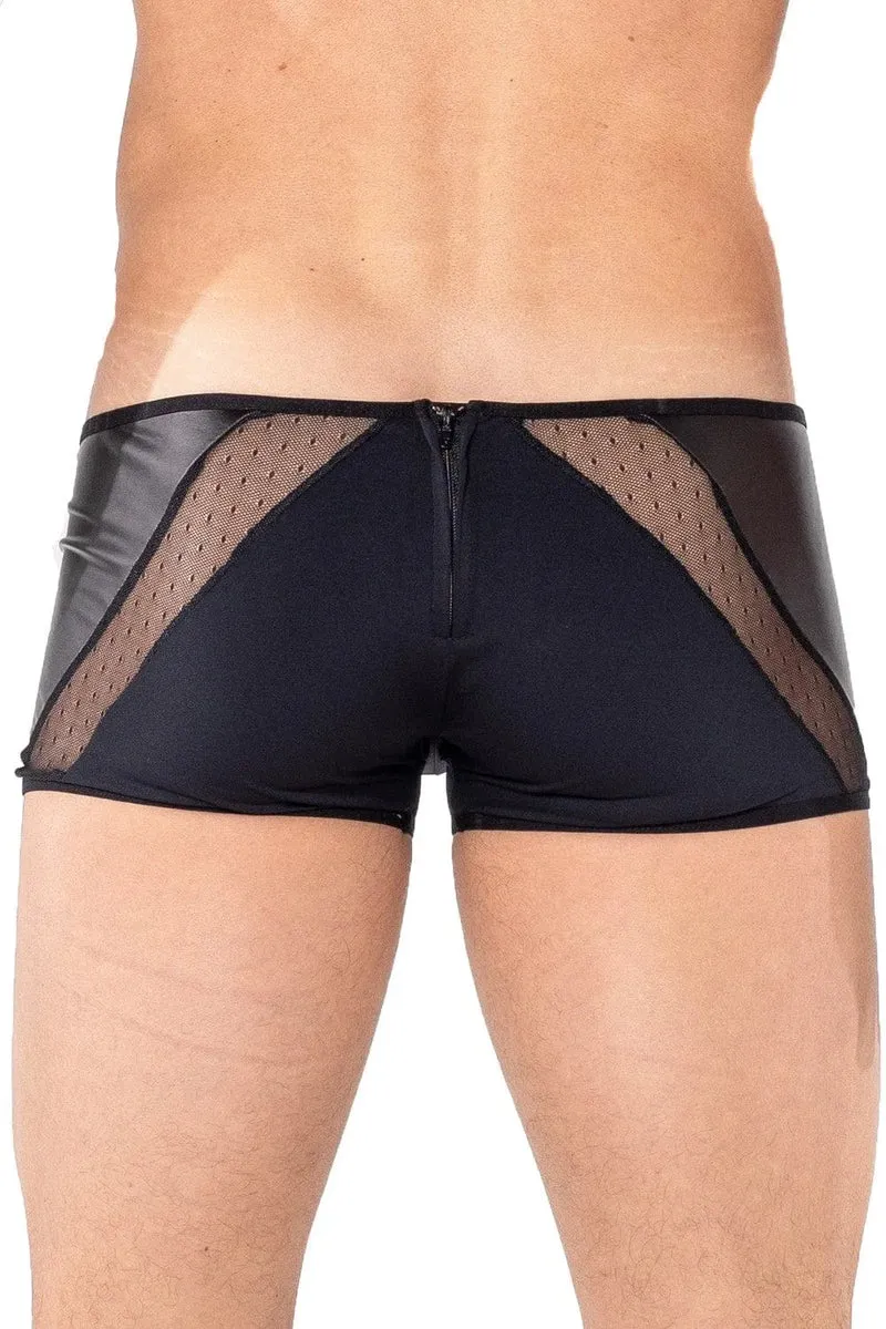mini boxer homme noir simili cuir résille pois fermeture avant arrière sécurisé extensible polyamide élasthanne confortable design sexy