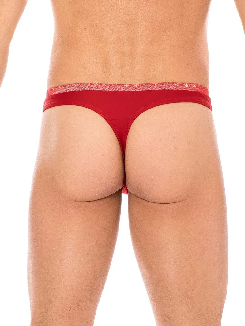string homme dentelle rouge élégant sensuel classique ceinture fine tissu élastique souple confortable polyamide élasthanne finition raffinée