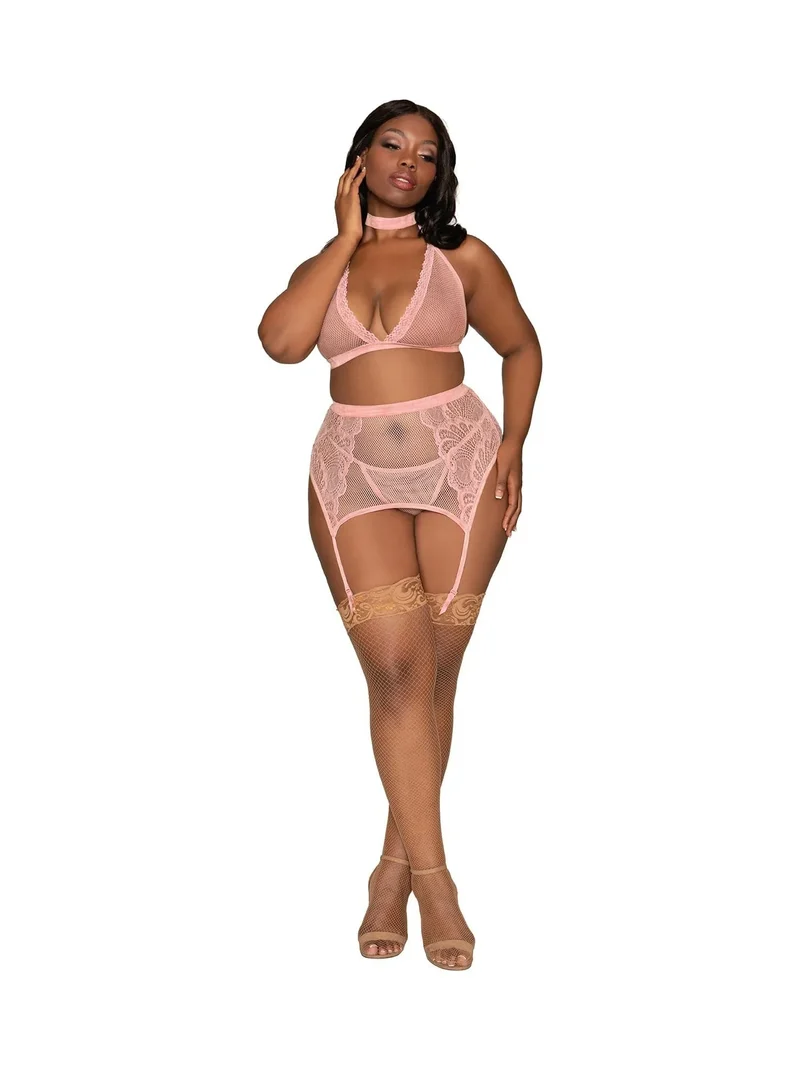 ensemble lingerie grande taille résille dentelle quatre pièces velours extensible soutien gorge licou réglable porte jarretelles ajustable string