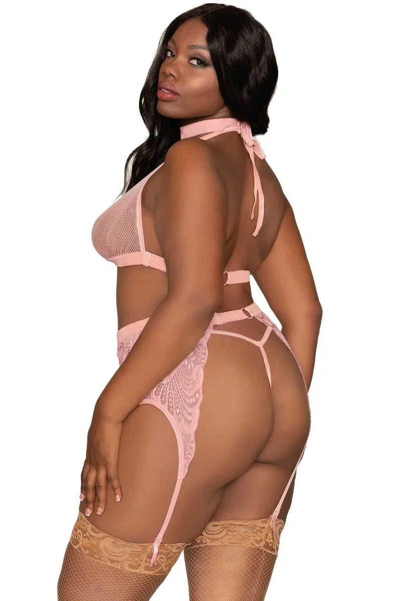 ensemble lingerie grande taille résille dentelle quatre pièces velours extensible soutien gorge licou réglable porte jarretelles ajustable string