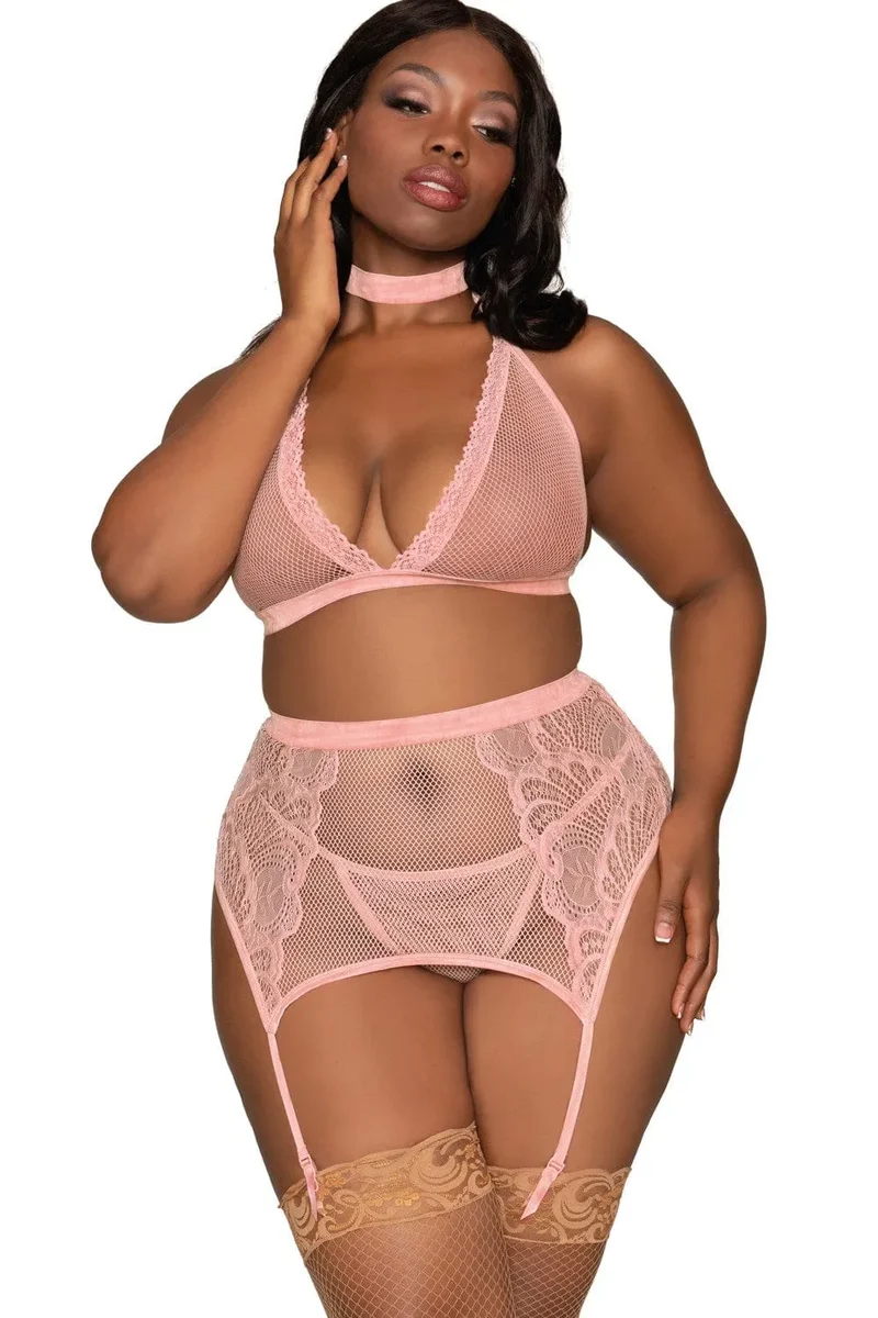 ensemble lingerie grande taille résille dentelle quatre pièces velours extensible soutien gorge licou réglable porte jarretelles ajustable string