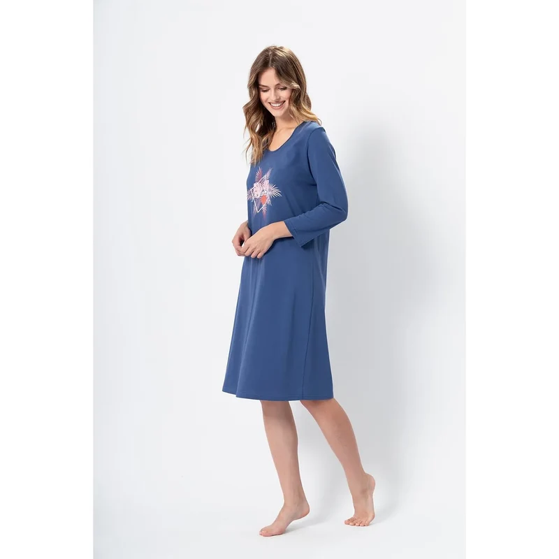 Chemise de nuit Kasia style décontracté couleur denim foncé manches 3/4 imprimé floral coton biologique femmes lingerie intime nuit détente maison
