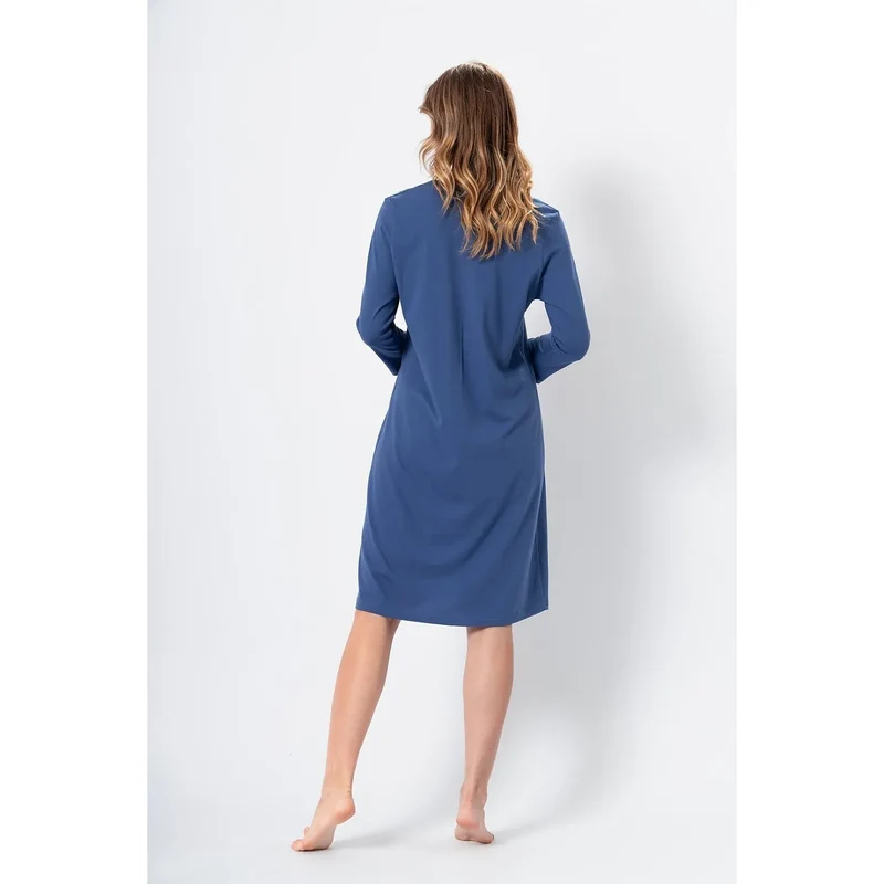 Chemise de nuit Kasia style décontracté couleur denim foncé manches 3/4 imprimé floral coton biologique femmes lingerie intime nuit détente maison