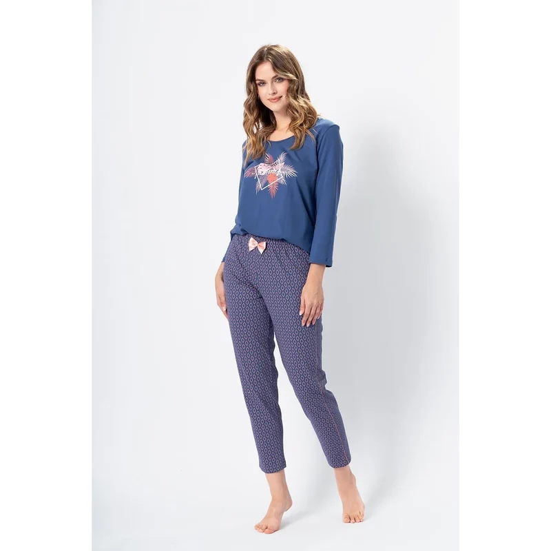 Pyjama femme Kornelia 188546 M-Max décontracté féminin coton bleu floral imprimé manches 7/8 encolure ronde pantalon 7/8 élastique