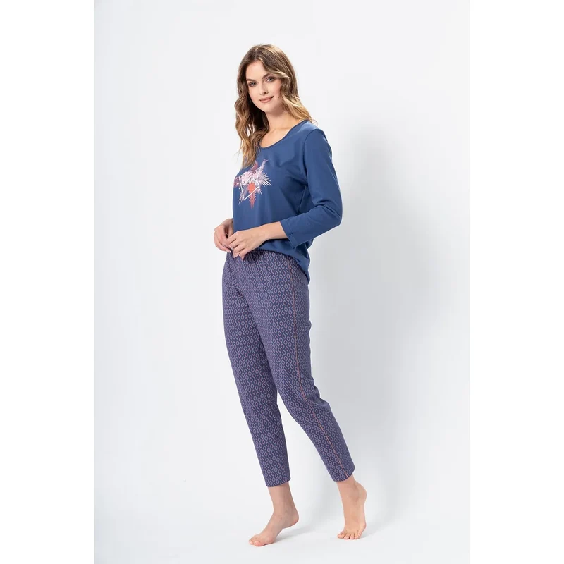 Pyjama femme Kornelia 188546 M-Max décontracté féminin coton bleu floral imprimé manches 7/8 encolure ronde pantalon 7/8 élastique
