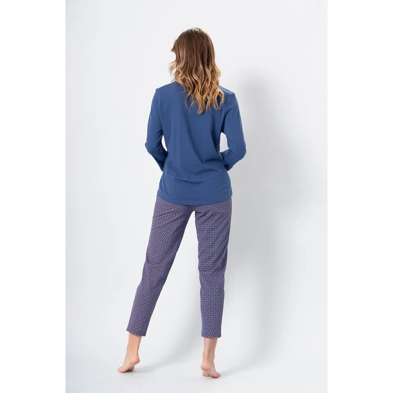 Pyjama femme Kornelia 188546 M-Max décontracté féminin coton bleu floral imprimé manches 7/8 encolure ronde pantalon 7/8 élastique