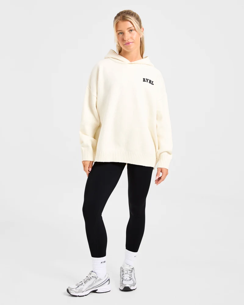 Varsity Minimal Logo Oversized Knitted Hoodie - Crème