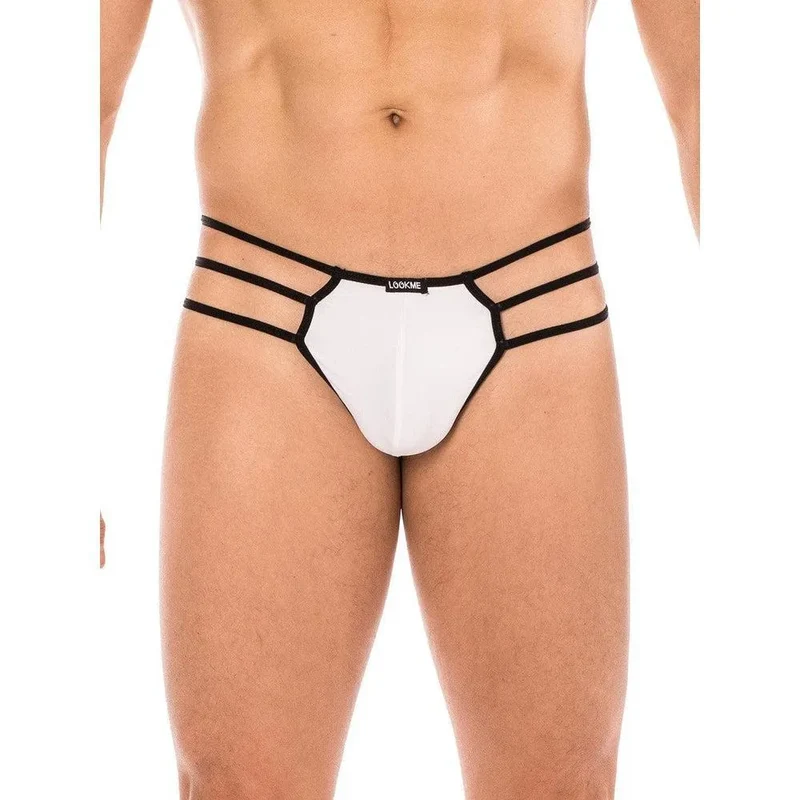 String homme blanc stylé minimaliste transparent ceinture cordes latérales triple toile araignée opaque confortable élastique polyamide élasthanne sexy taille basse