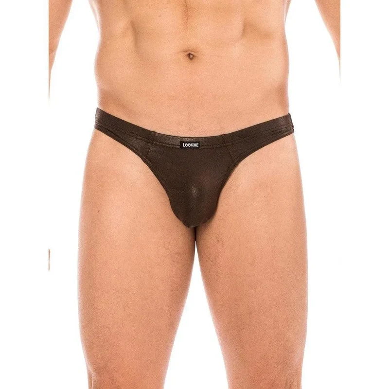 string slip homme marron similicuir effet mouillé souple confortable ajusté élégant viril polyester élasthanne extensible sexy sensuel