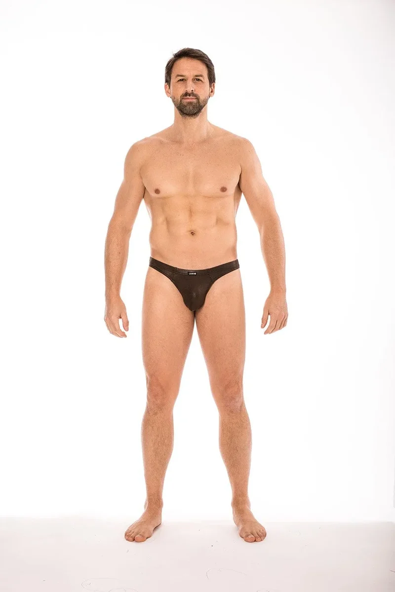string slip homme marron similicuir effet mouillé souple confortable ajusté élégant viril polyester élasthanne extensible sexy sensuel