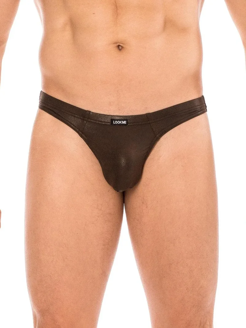 string slip homme marron similicuir effet mouillé souple confortable ajusté élégant viril polyester élasthanne extensible sexy sensuel