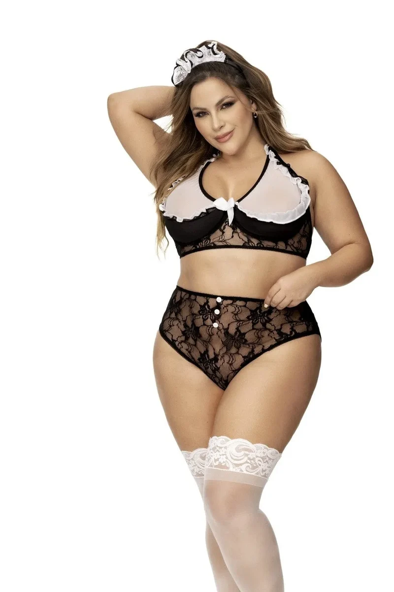 Costume Soubrette Grande Taille Sexy Volants Chic Séduisant Dos Nu Armatures Maintien Culotte Haute Boutons Coeur Coiffe Incluse Confort Élasthanne