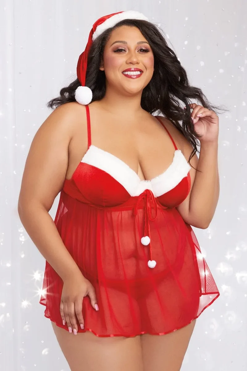 Costume sexy Mère Noël grande taille rouge nuisette pompons string assorti bonnet fausse fourrure polyester élasthanne glamour festif