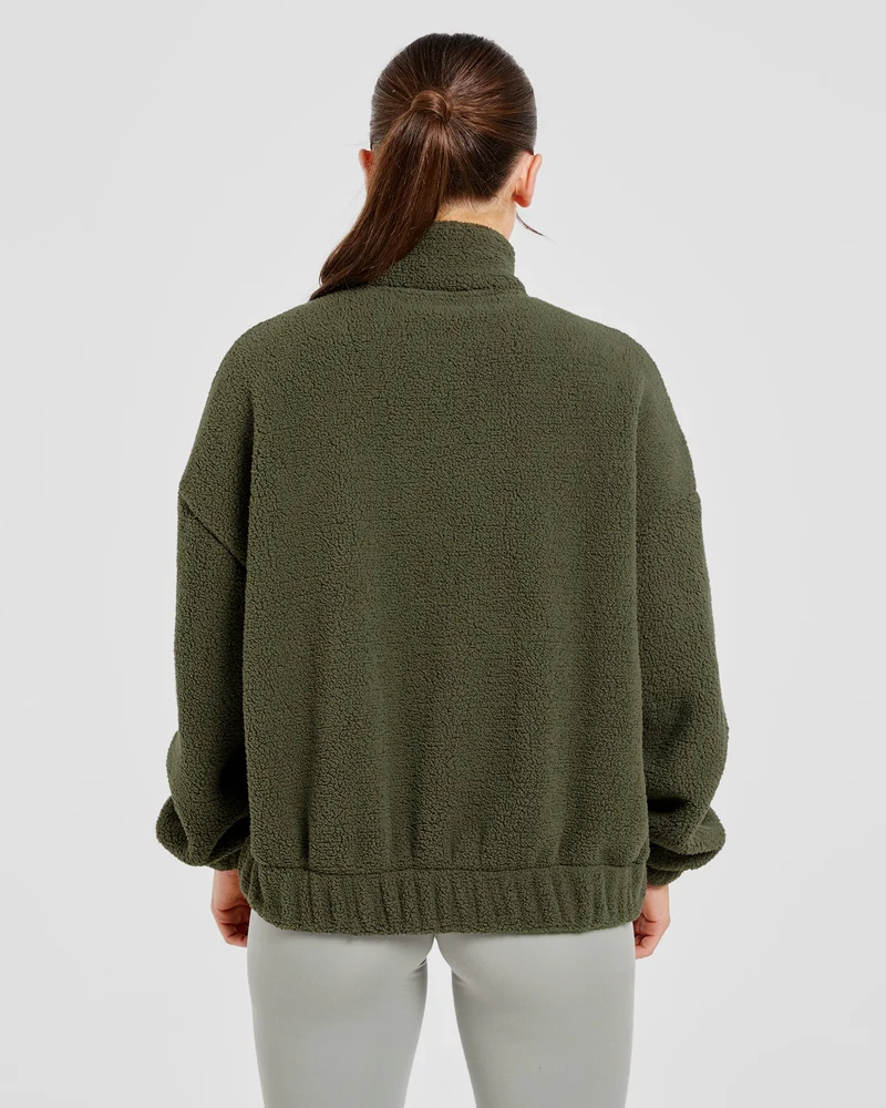Varsity Oversized Fleece Zip Up Jacket - Khaki Green
