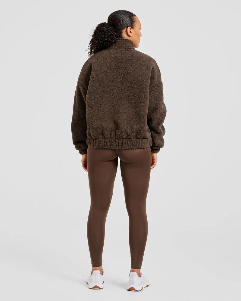 Varsity Oversized Fleece Zip Up Jacket - Cocoa Brown