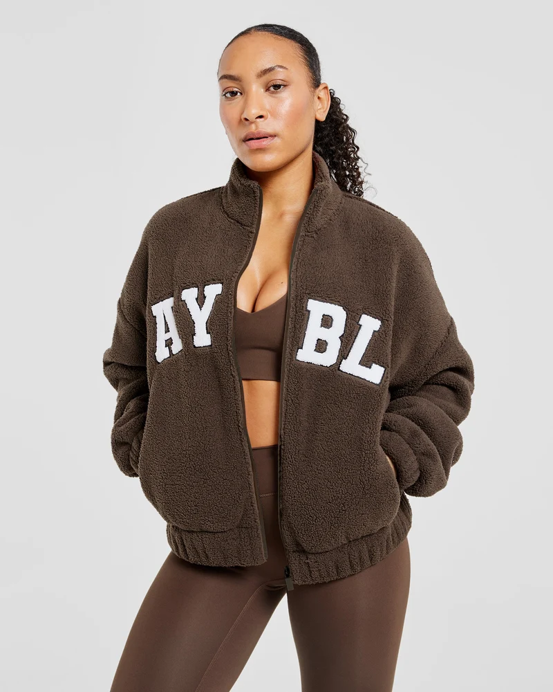 Varsity Oversized Fleece Zip Up Jacket - Cocoa Brown