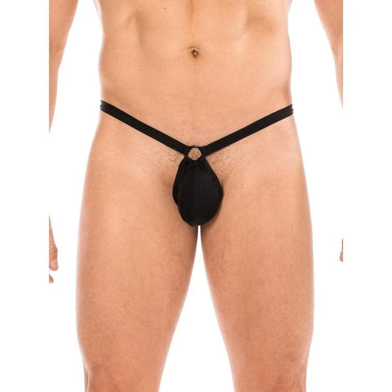 string minimaliste noir poche banane anneau triangle arrière polyamide élasthanne extensible confortable taille unique couture plate tendance élégant