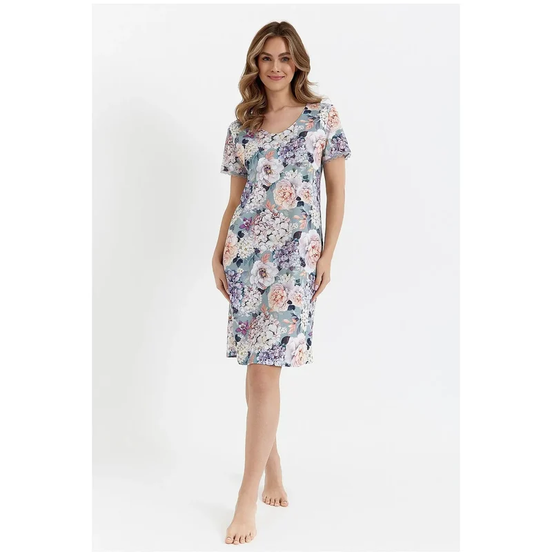 chemise nuit élégante féminine érotique imprimé floral pastel bleu rose manches courtes dentelle décolleté ample genou tissu respirant