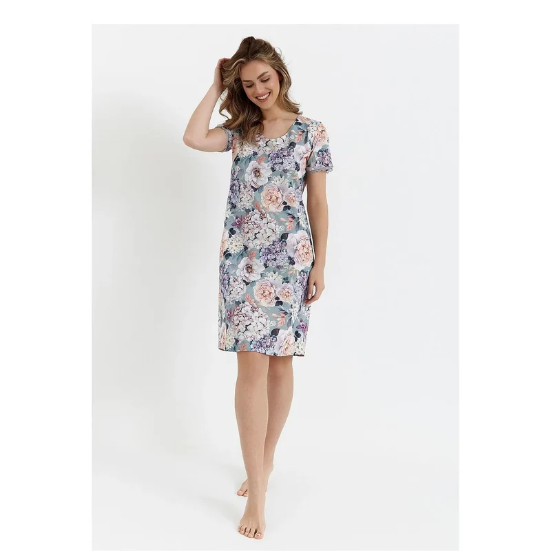 chemise nuit élégante féminine érotique imprimé floral pastel bleu rose manches courtes dentelle décolleté ample genou tissu respirant