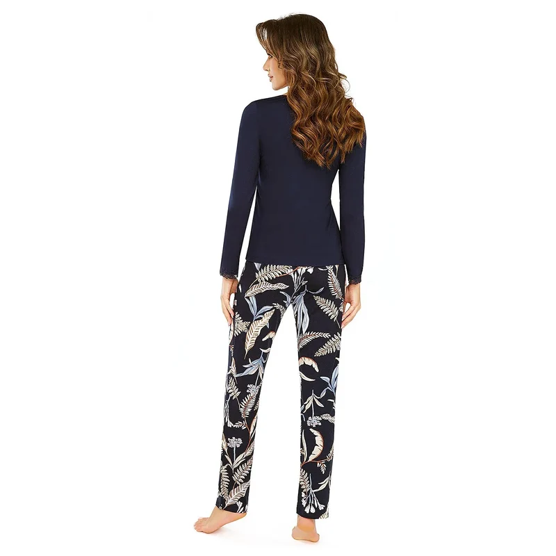 pyjama érotique femme lingerie confortable dentelle imprimé floral bleu marine viscose élasthanne respirant haut manches longues pantalon ample élégant