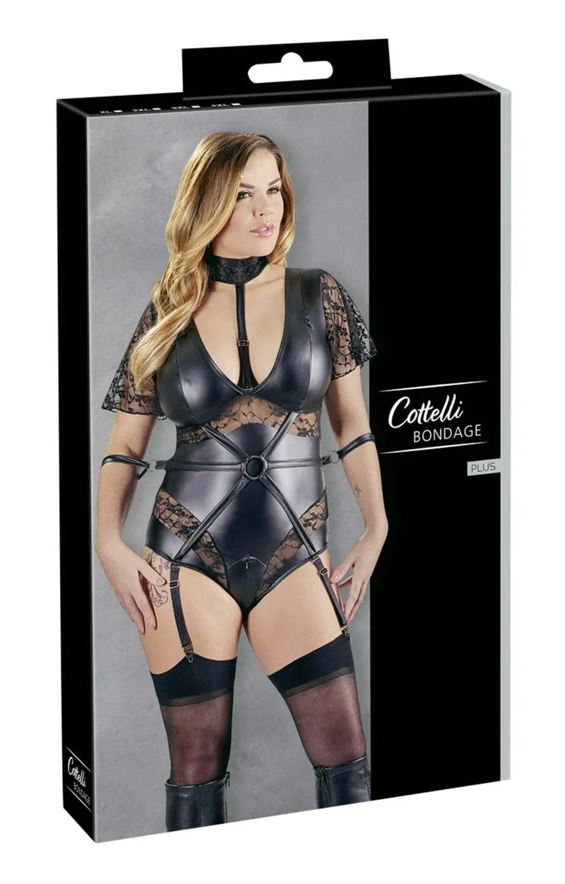 Body jarretelles grande taille noir bondage dentelle aspect cuir mat manches longues menottes amovibles fermetures éclair double sens sexy audacieux