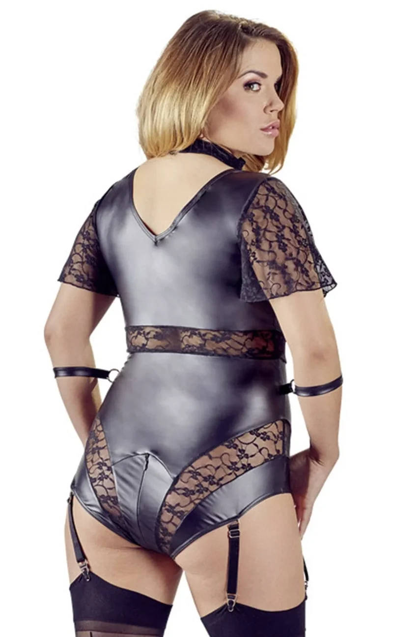Body jarretelles grande taille noir bondage dentelle aspect cuir mat manches longues menottes amovibles fermetures éclair double sens sexy audacieux