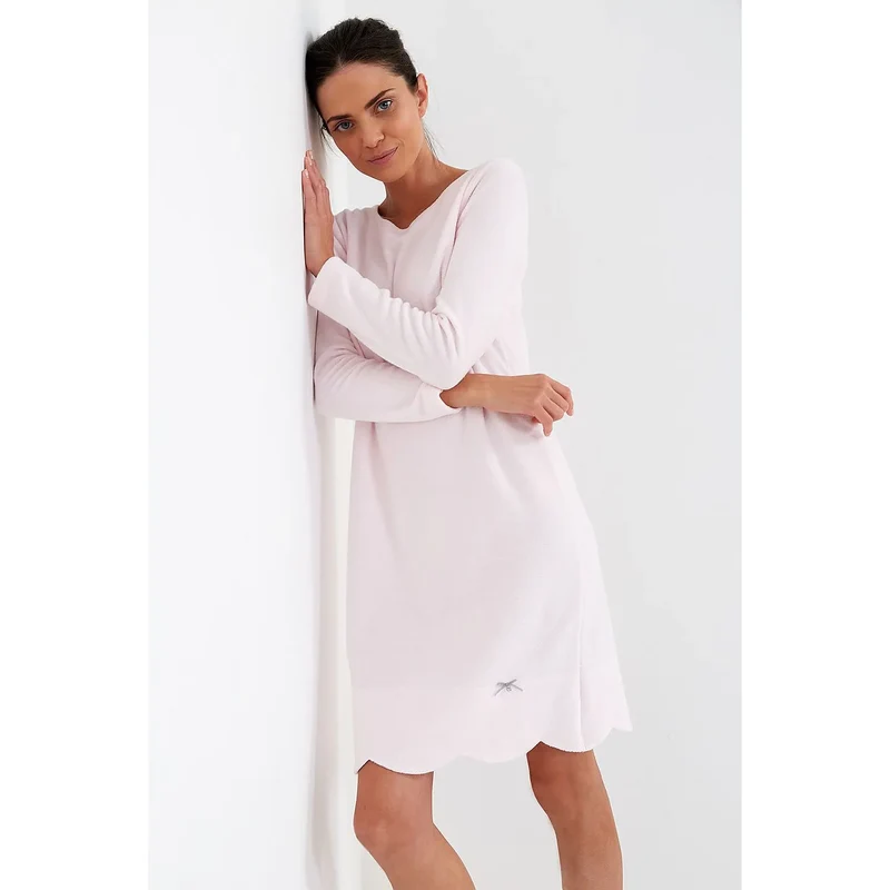 chemise nuit molleton thermique doux chaud manches longues encolure ronde ourlet ondulé noeud gris coeur argenté rose tailles variées confort